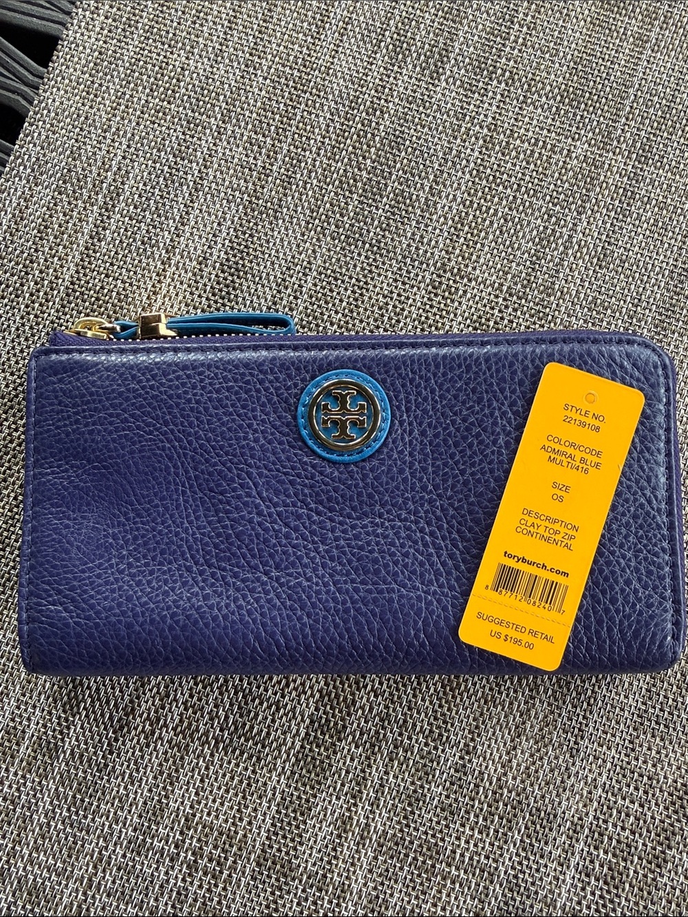 Tory Burch Admiral Blue Leather Continental Zip Wallet with Teal Accents